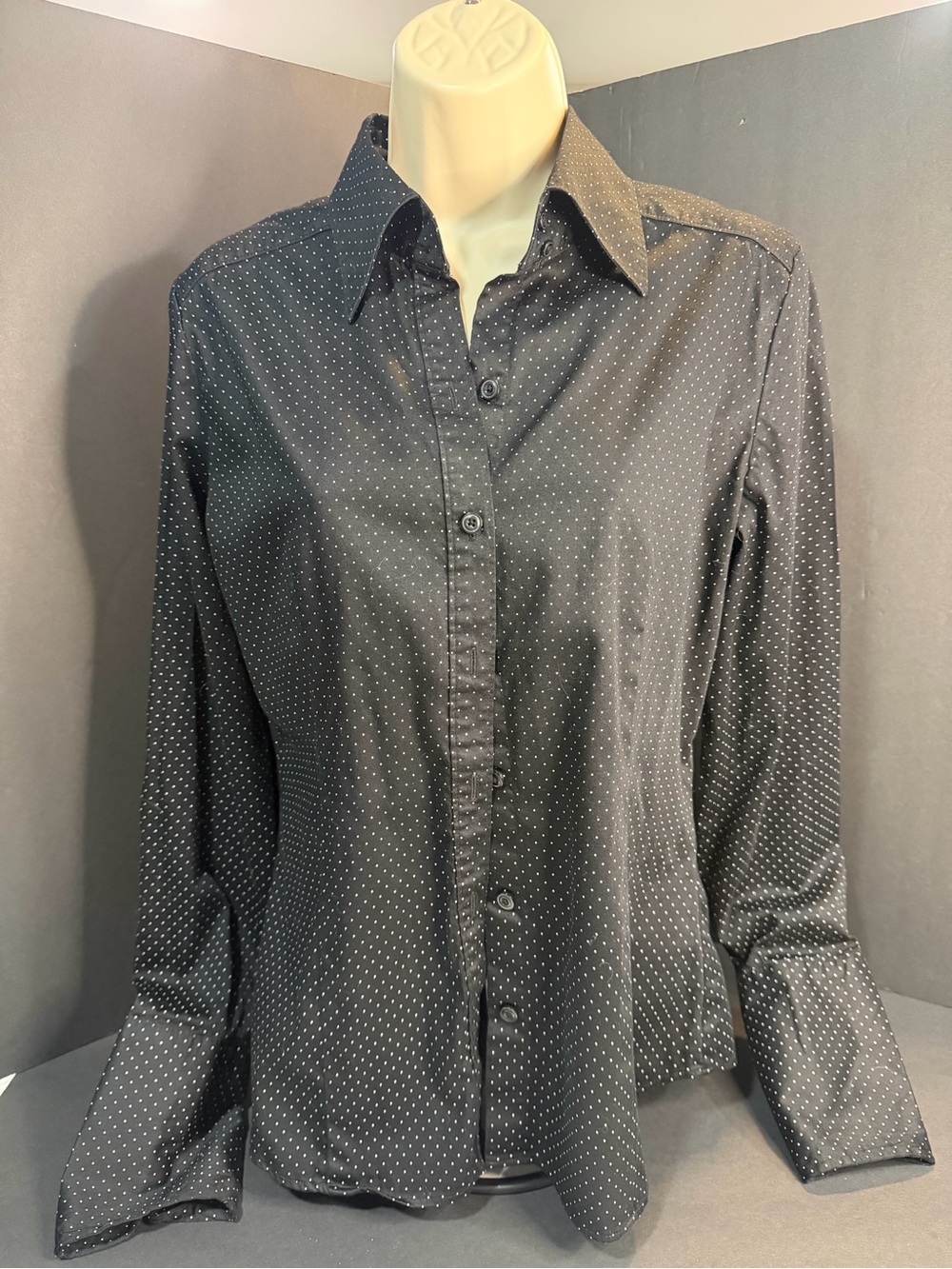 New York & Company Black Shirt with White Microdot Pattern